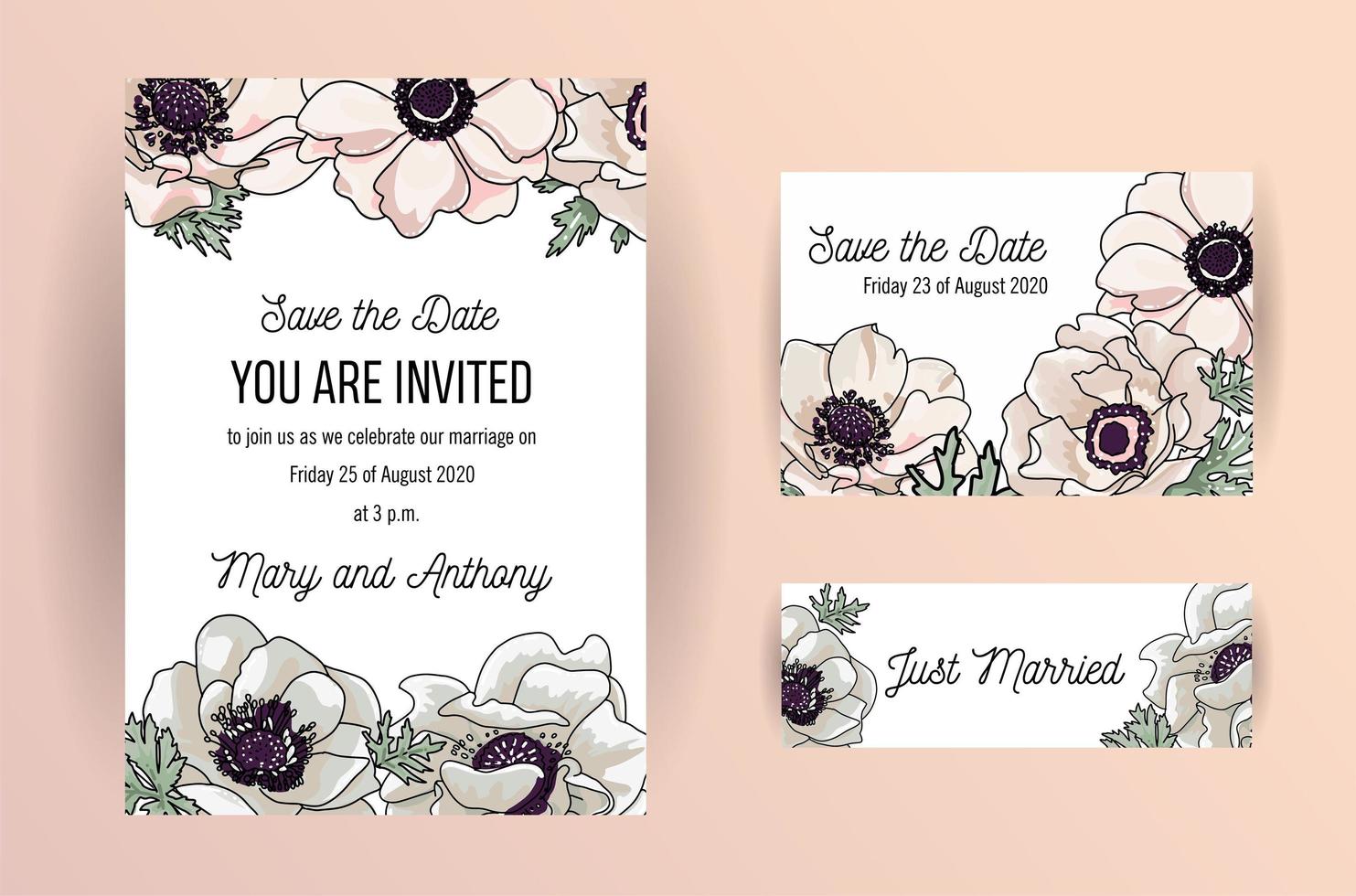 convite de casamento, convite, salve o design de cartão de data com elegante anêmona de jardim rosa em pó, folhas de flores de cera. conjunto de modelo de cor concurso de esboço desenhado à mão vetorial vetor