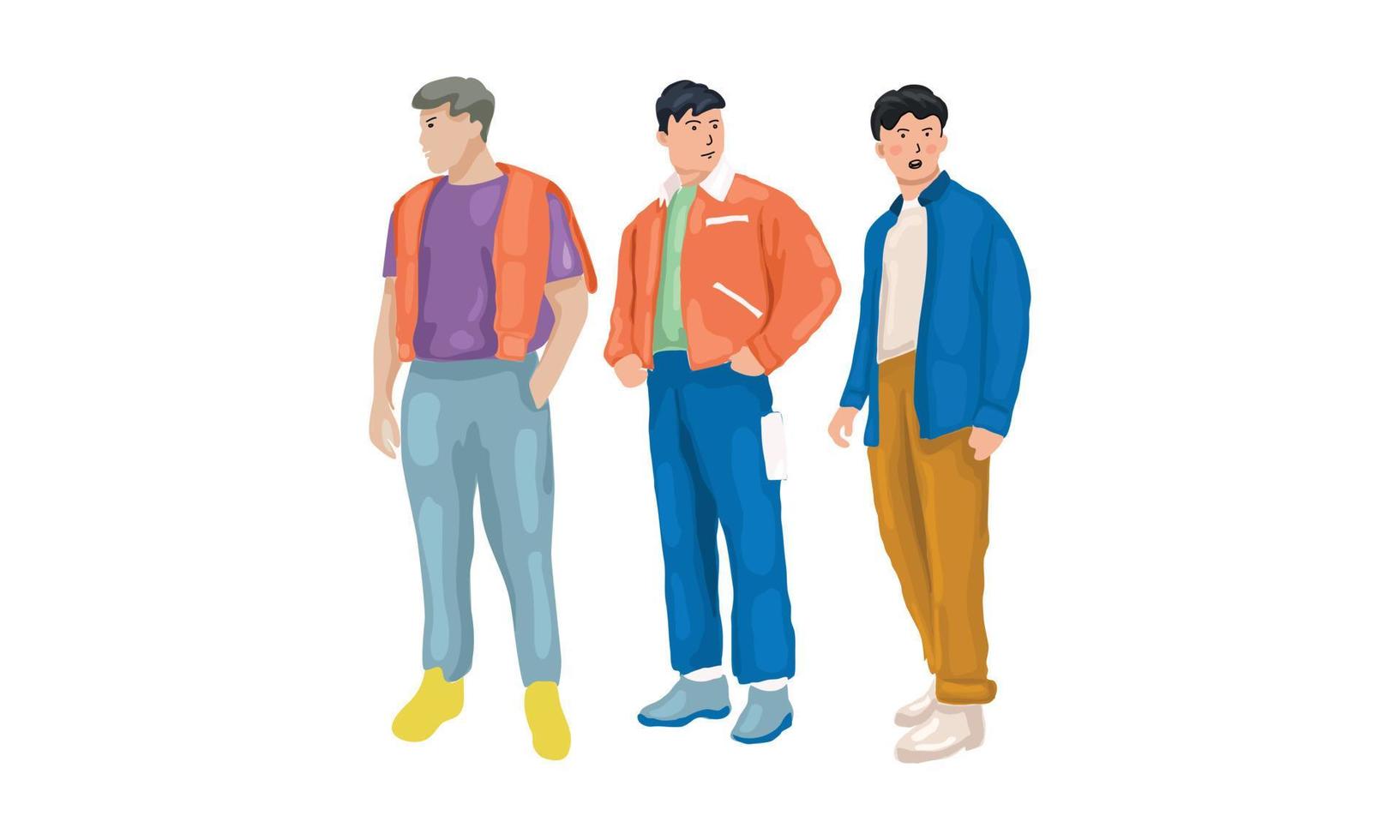 um cara usando roupa colorida em poses laranja, azul e roxo tão moderno e bonito vetor