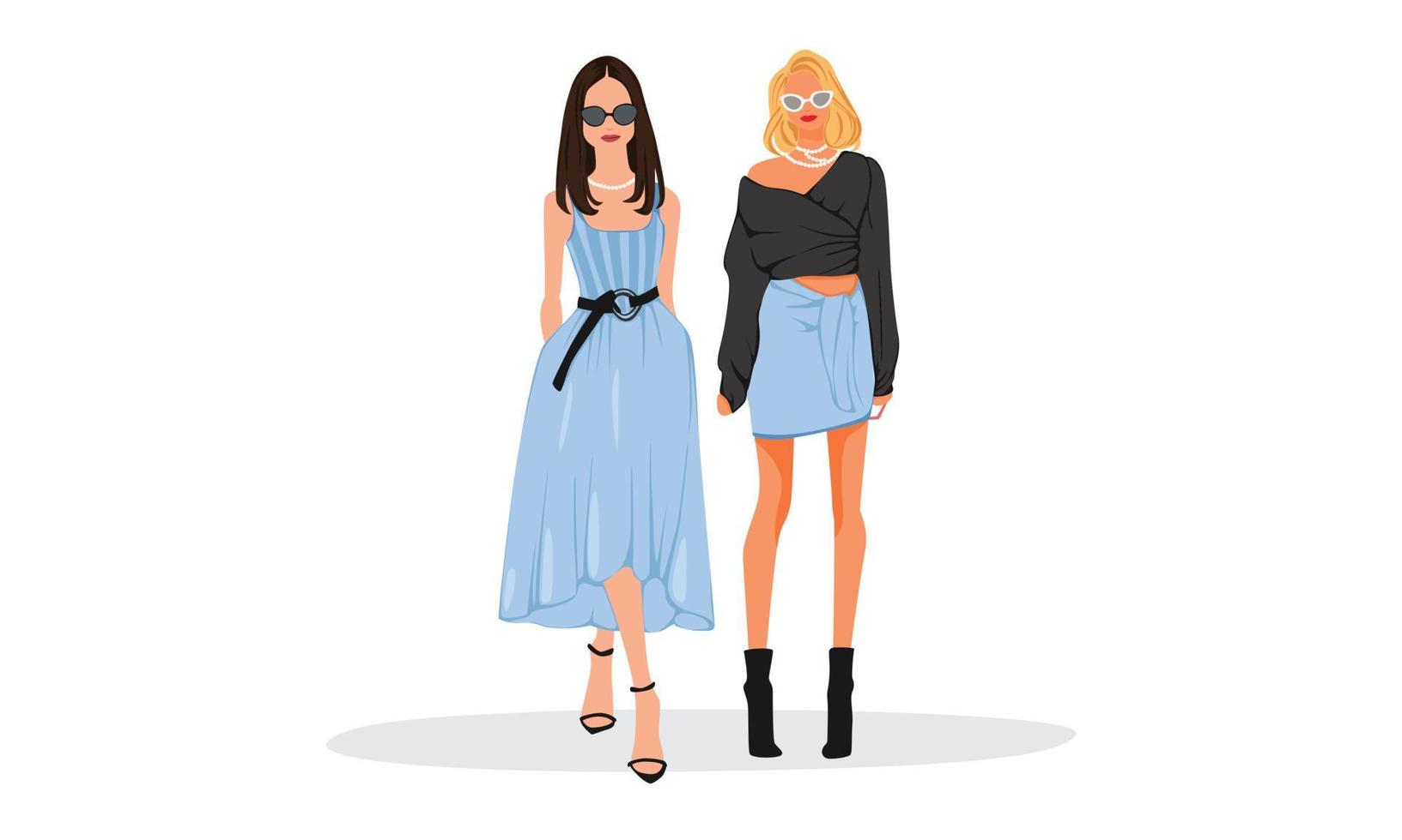 as mulheres estão posando personagem de ilustração senhora menina com roupa preta formal de jeans azul vetor