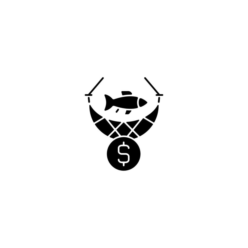 ícone de glifo preto de pesca comercial. captura de frutos do mar para o comércio. colheita da aquicultura. indústria e negócios pesqueiros. pesca comercial. símbolo de silhueta no espaço em branco. ilustração vetorial isolada vetor