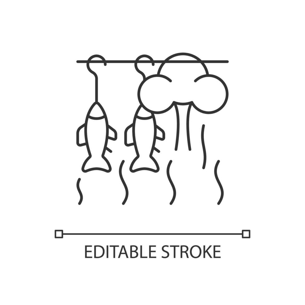 ícone linear de peixe fumando. defumação comercial de frutos do mar. peixe defumado quente e frio. preservação de alimentos. ilustração personalizável de linha fina. símbolo de contorno. desenho de contorno isolado de vetor. traço editável vetor