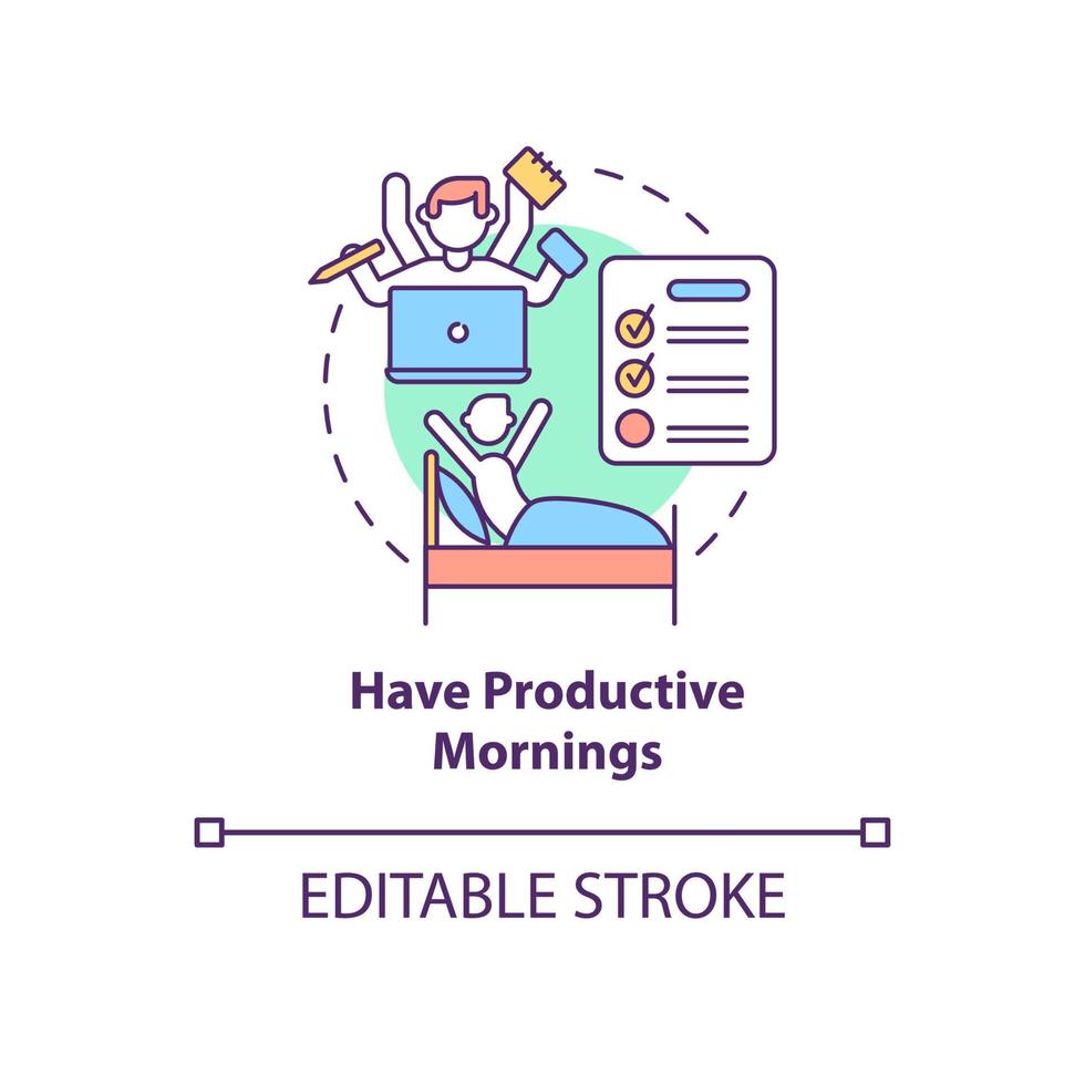 tem ícone de conceito de manhã produtiva. rotina diária para um trabalho eficaz. ilustração de linha fina de idéia abstrata de avanço de carreira. desenho de cor de contorno isolado de vetor. traço editável vetor