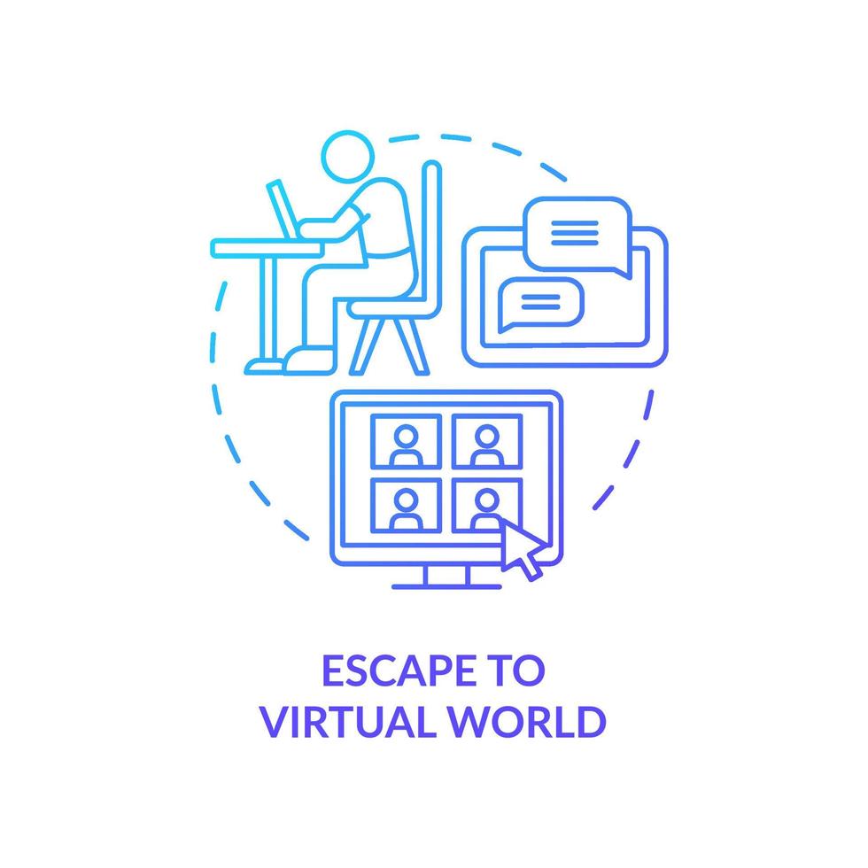 escape para o ícone do conceito gradiente azul do mundo virtual. ilustração de linha fina de idéia abstrata de realidade virtual. vício em gadgets. obstáculo de mentalidade de felicidade. desenho de cor de contorno isolado de vetor