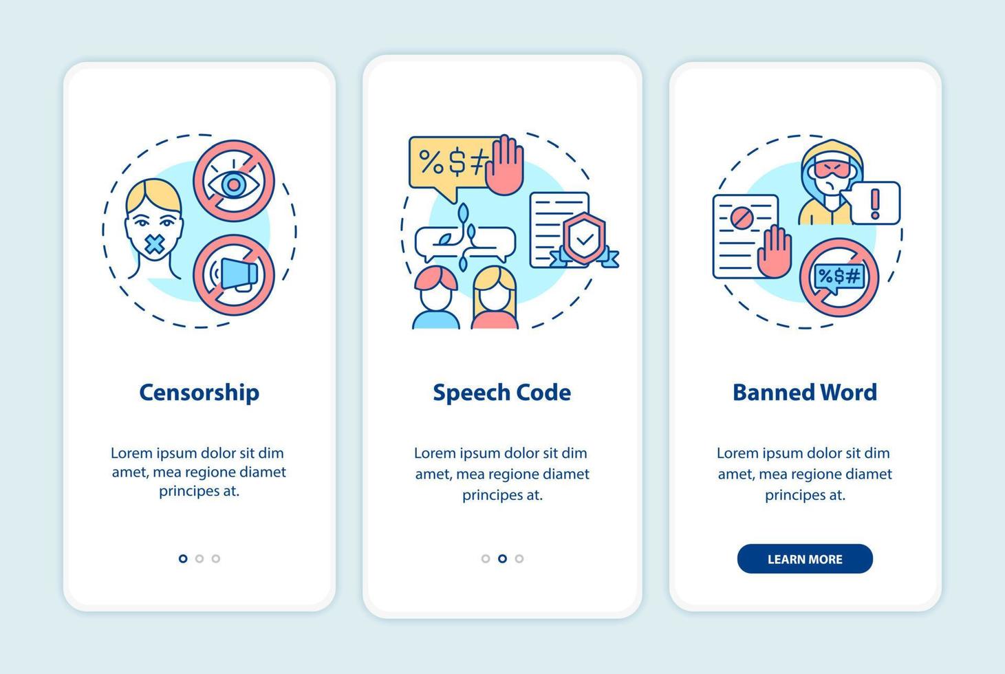 limitações de comunicação pública na tela da página do aplicativo móvel. censura passo a passo 3 passos instruções gráficas com conceitos. modelo de vetor ui, ux, gui com ilustrações coloridas lineares