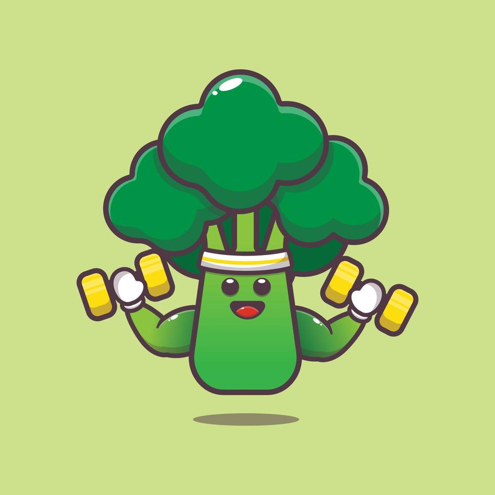 personagem de desenho animado de brócolis bonito levantando halteres vetor