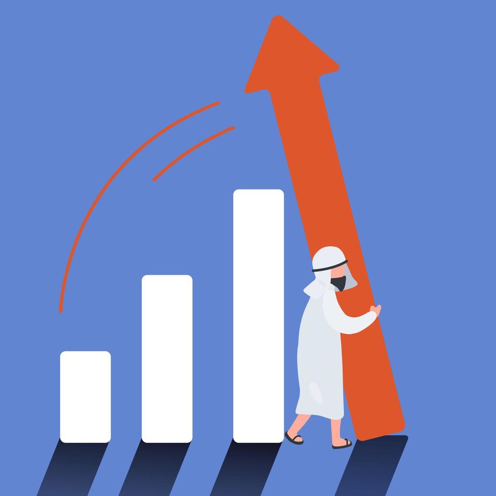 conceito de negócio empresário árabe empurrando o gráfico de barras. trabalhador de homem segurando o gráfico de barras de cair sobre a metáfora de sobreviver, crescer. gestão de crise empresarial. desenho plano de ilustração vetorial vetor