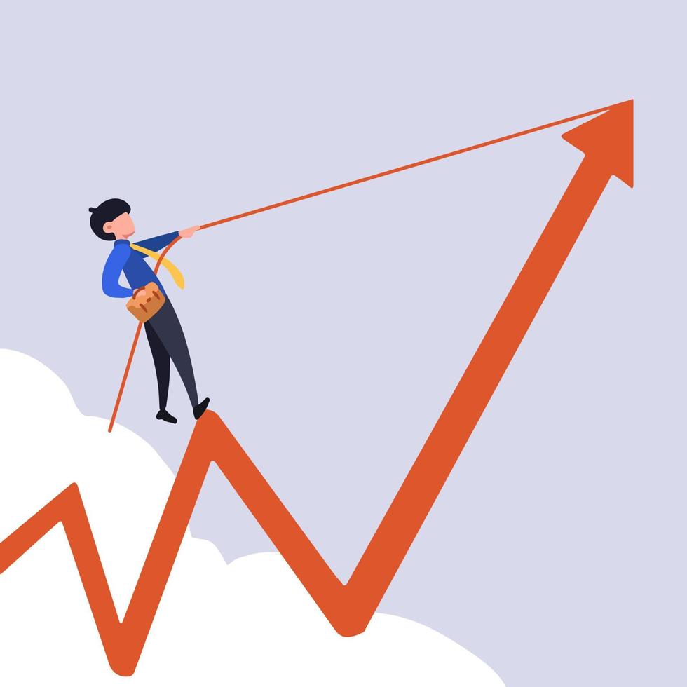 empresário plano de conceito de negócio segurando a maleta e puxando o gráfico de seta com corda. ascensão da carreira ao sucesso. retrata ganho, lucro, impulso. objetivo vencedor da ambição. desenho ilustração vetorial vetor