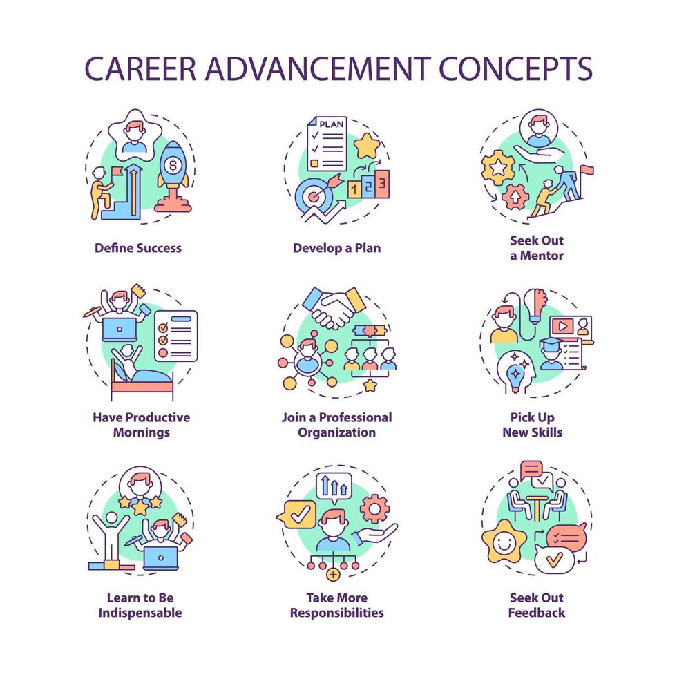 Conjunto de ícones de conceito de avanço de carreira. melhoria no trabalho. funcionário de sucesso. ilustração de cores de linha fina de ideia de desenvolvimento profissional. desenhos de contorno isolado de vetor. traço editável vetor