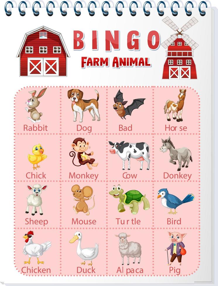 planilha de bingo de animais de fazenda vetor