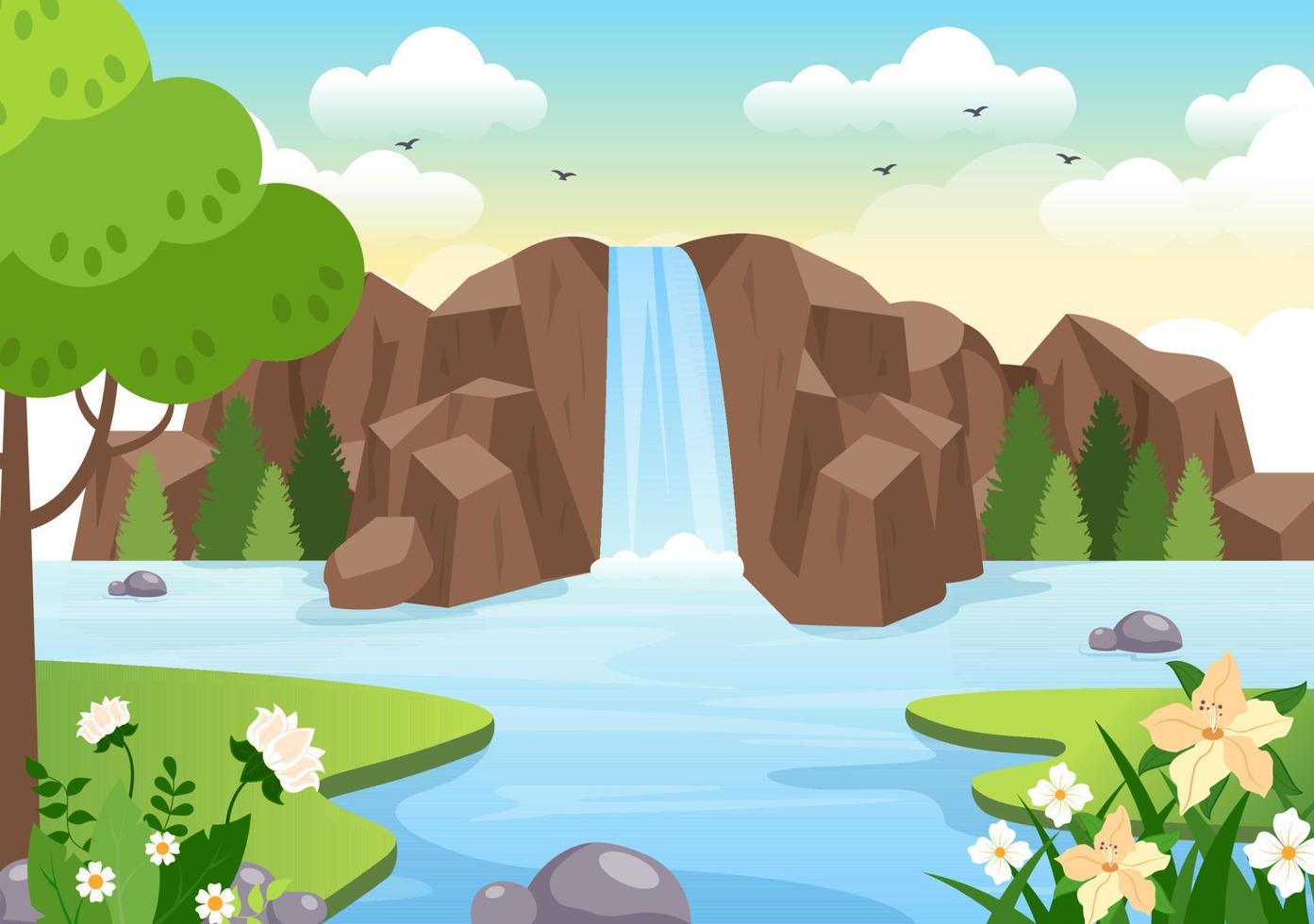 paisagem de selva de cachoeira de cenário natural tropical com cascata de rochas, riachos ou penhasco rochoso em ilustração vetorial de fundo plano vetor