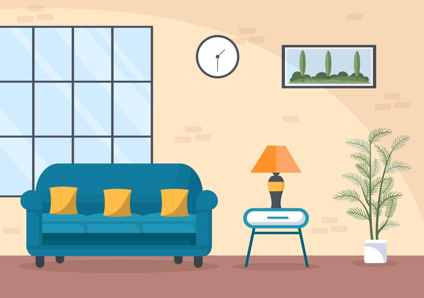 ilustração de design plano de móveis para casa para a sala de estar ser confortável como um sofá, mesa, armário, luzes, plantas e tapeçarias vetor