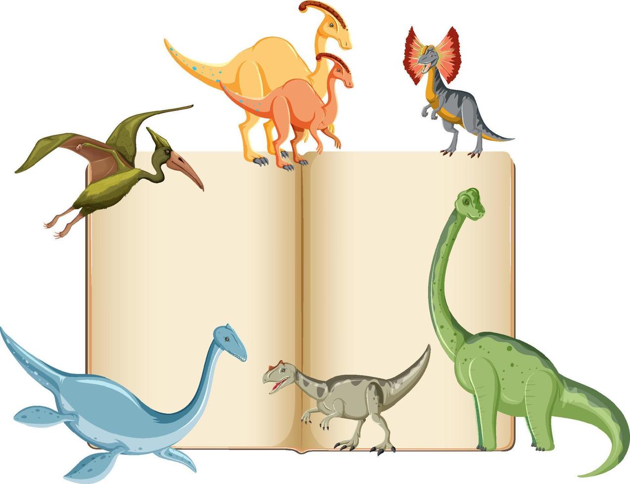grupo de dinossauros ao redor do livro sobre fundo branco vetor
