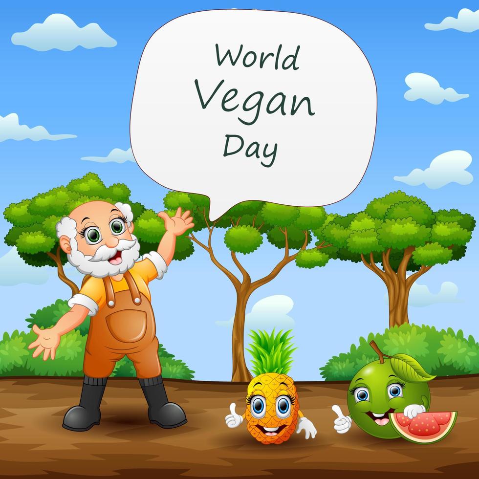 dia mundial do vegano com feliz agricultor e frutas vetor