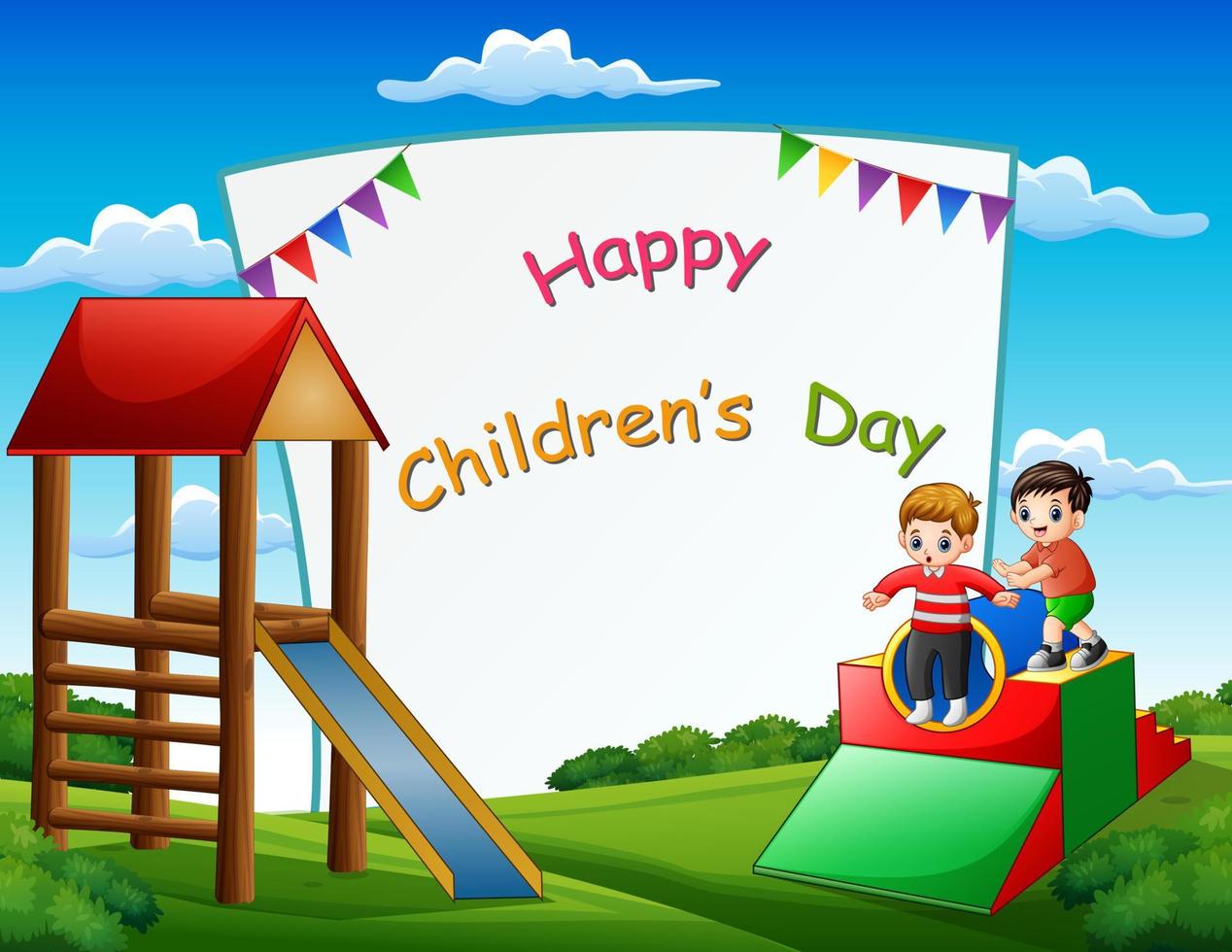 cartaz de dia das crianças feliz com crianças brincando no parque vetor