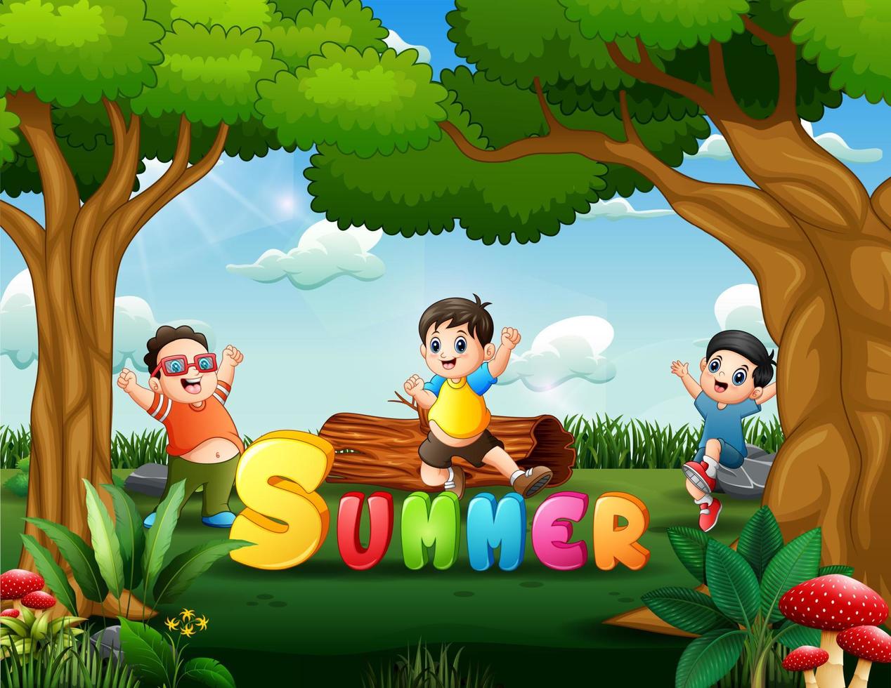 férias de verão com crianças pulando no parque vetor