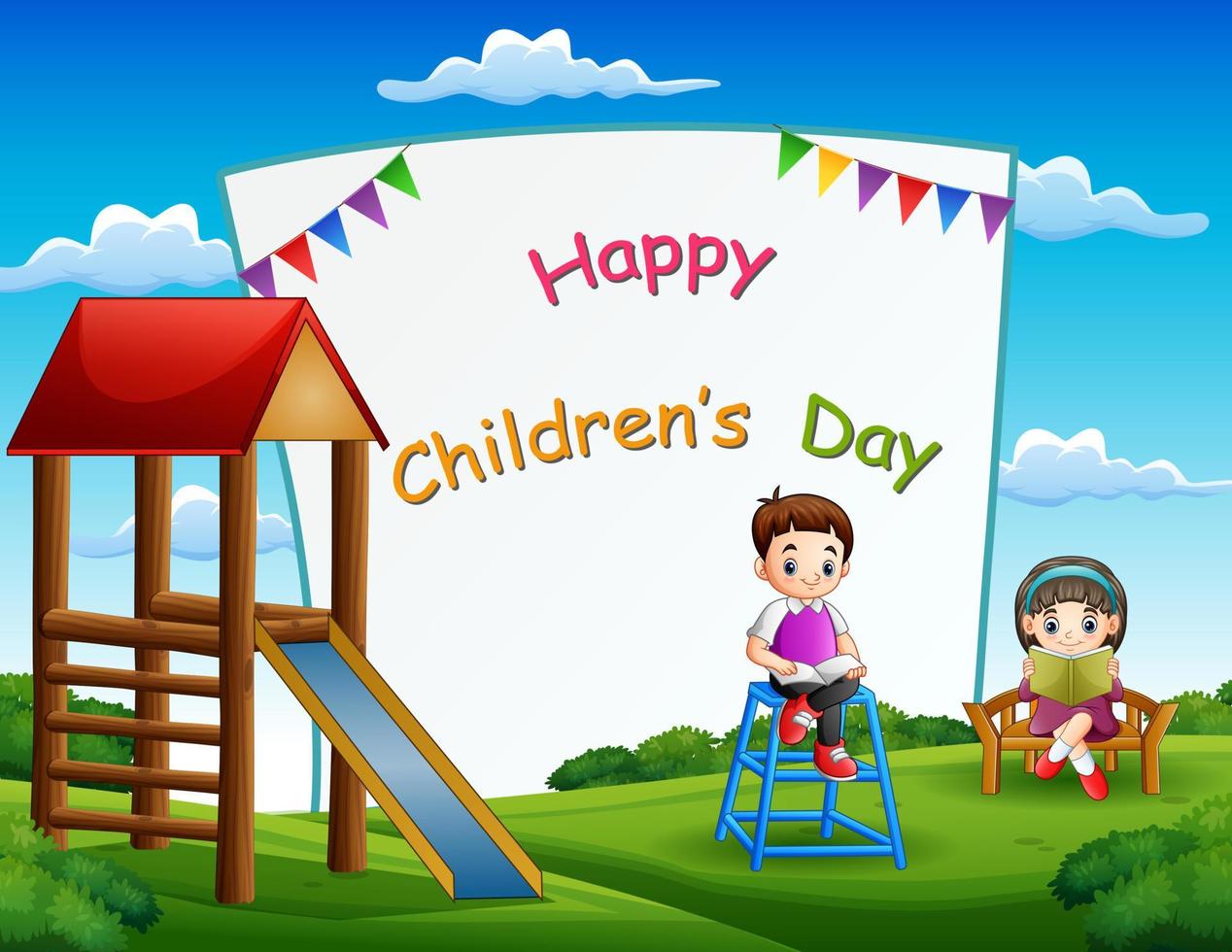 cartaz de dia das crianças feliz com crianças lendo livro no parque vetor