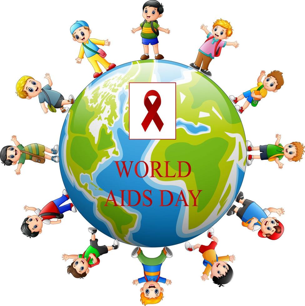 conceito de dia mundial da aids com crianças felizes ao redor do globo vetor