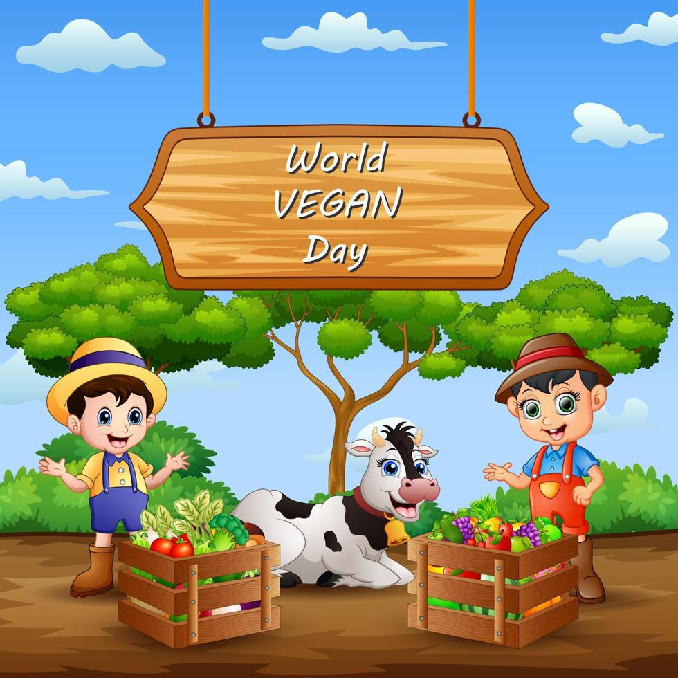 feliz dia mundial do vegano com legumes e agricultores vetor