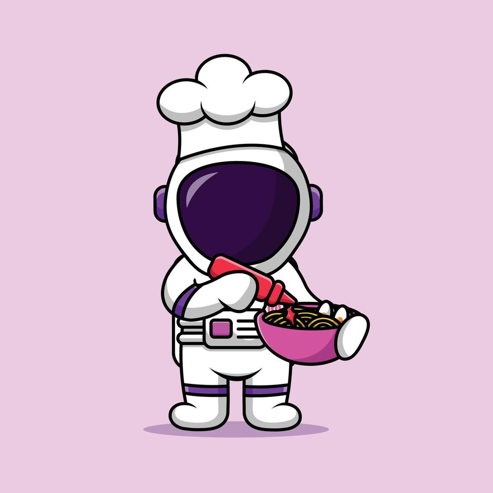 astronauta de chef bonito segurando a ilustração de ícone de vetor de desenhos animados de macarrão ramen. conceito de ícone de comida de pessoas isolado vetor premium. estilo de desenho animado plano