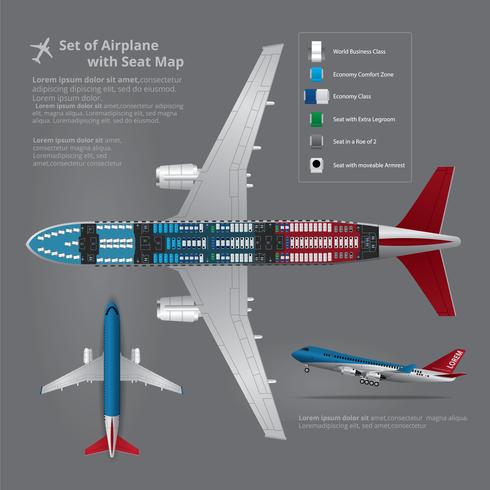 Conjunto de avião pousando com ilustração de vetor de mapa de assento isolado