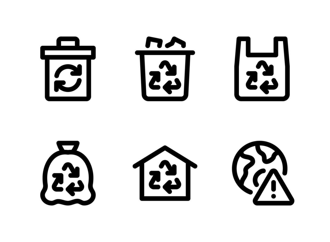 conjunto simples de ícones de linha de reciclagem. contém ícones como lixeira, lata de lixo, saco plástico e muito mais. vetor