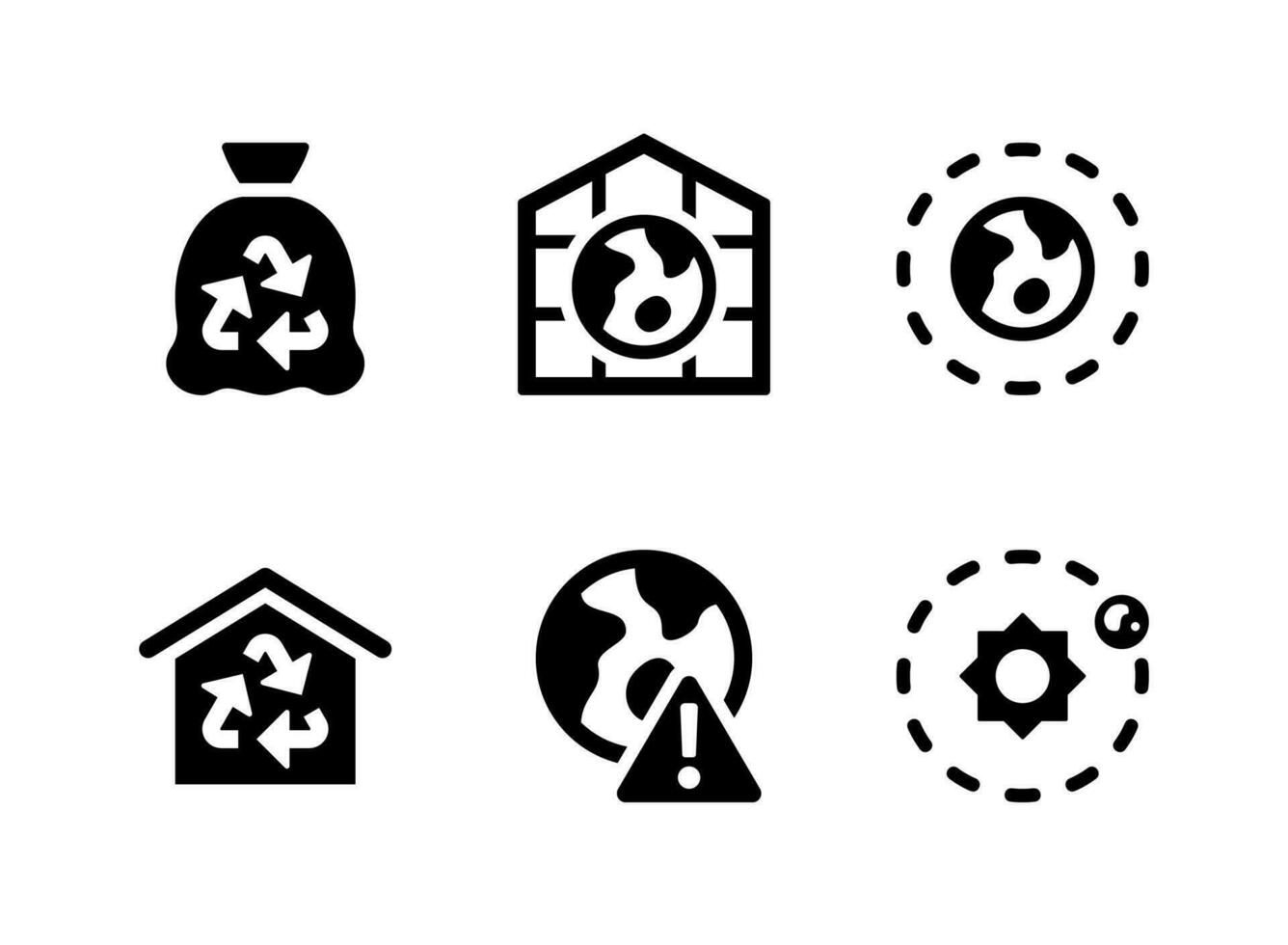 conjunto simples de ícones sólidos vetoriais relacionados às mudanças climáticas. contém ícones como saco plástico, efeito estufa, atmosfera e muito mais. vetor