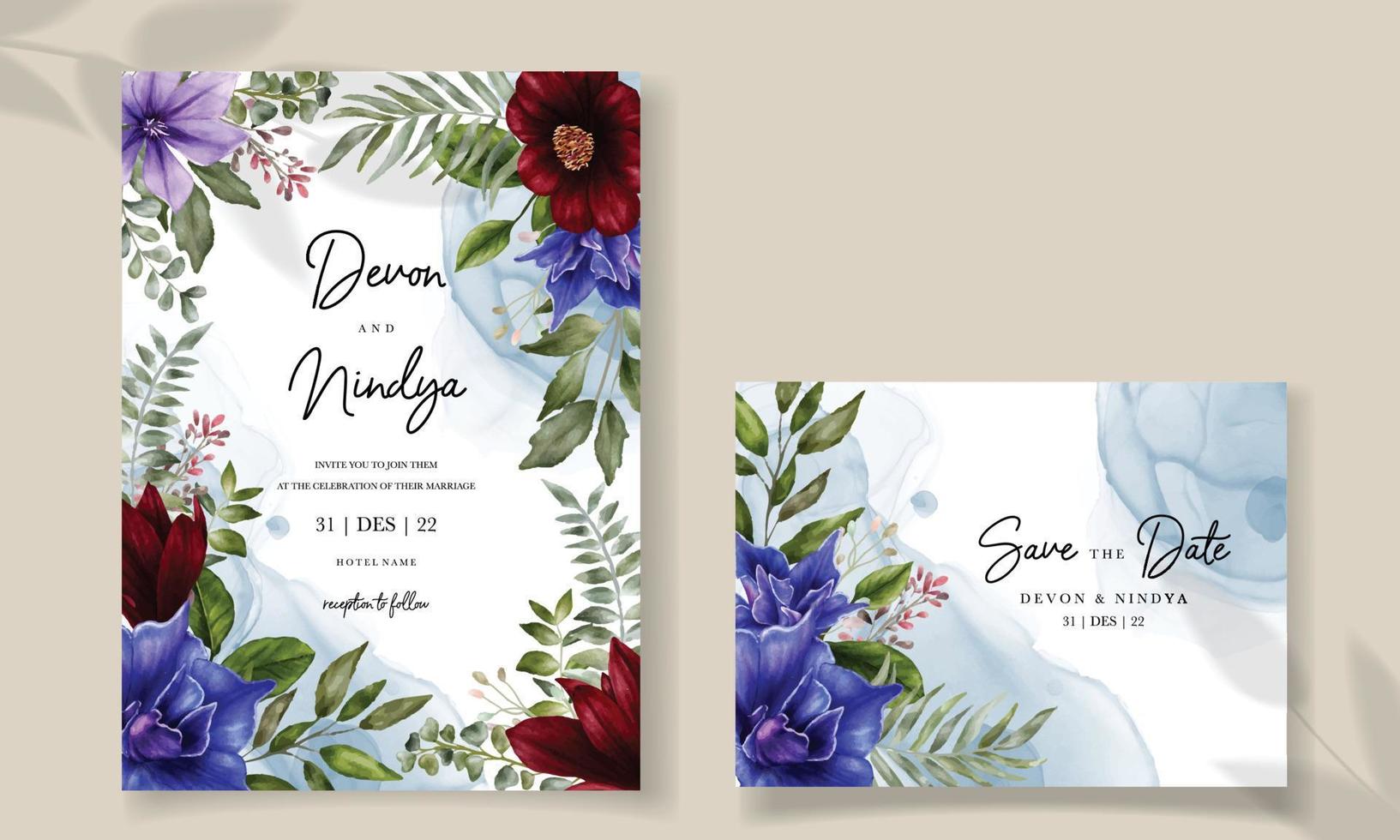 elegante convite de casamento com flores em aquarela vetor