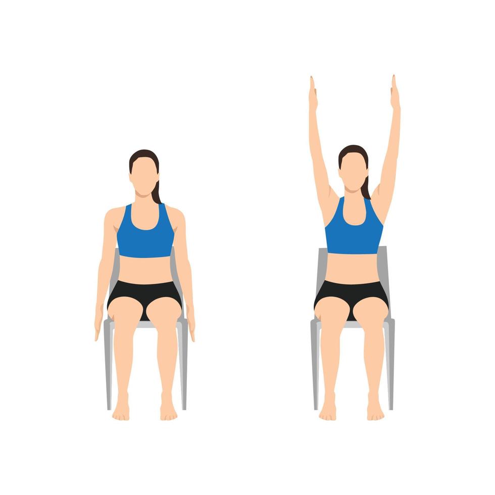 mulher fazendo pose de mãos levantadas de cadeira. exercício de urdhva hastasana. ilustração vetorial plana isolada no fundo branco vetor