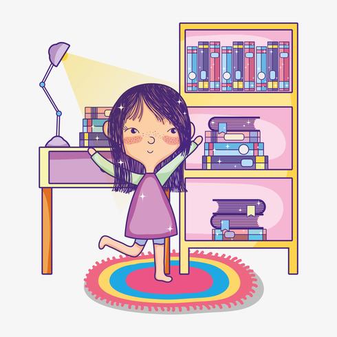 Menina, com, livros, desenhos animados vetor