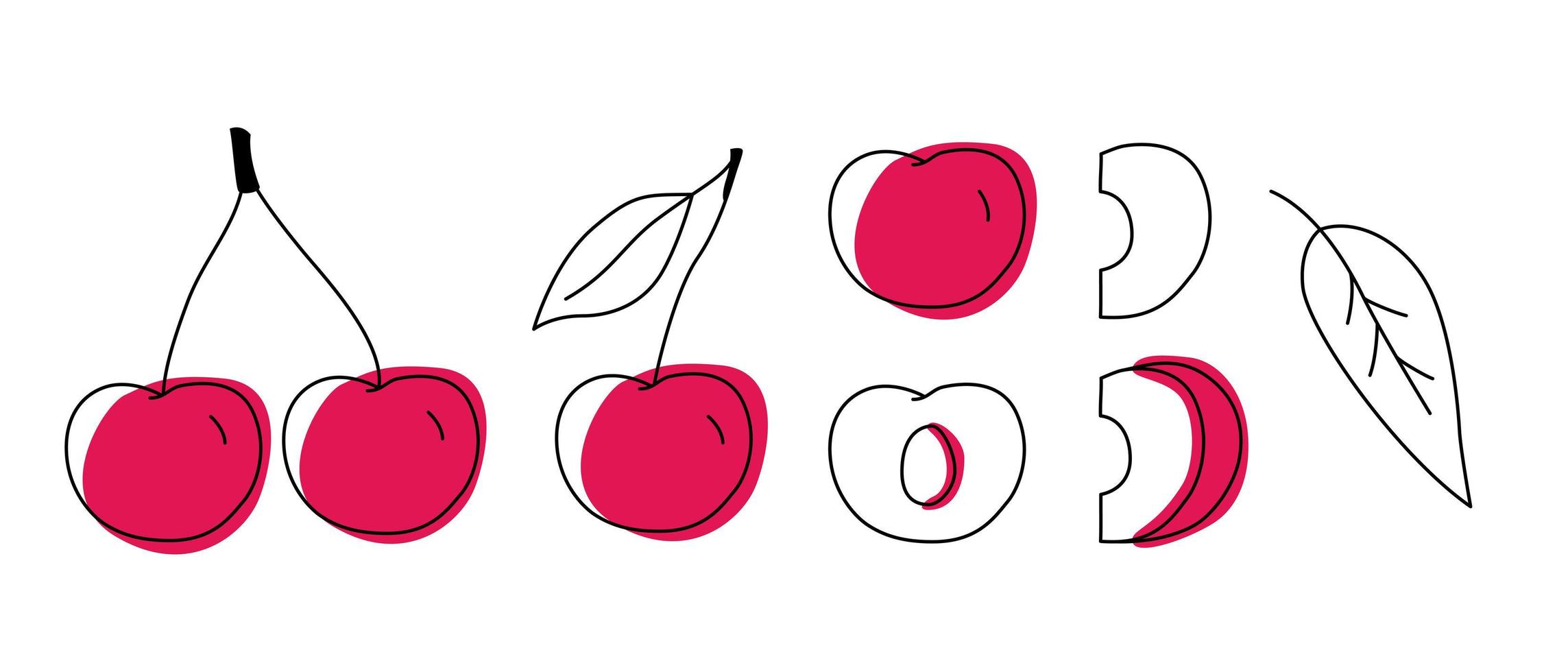 definir o contorno de cerejas doodle com manchas. inteiro, pedaços e folhas. vetor