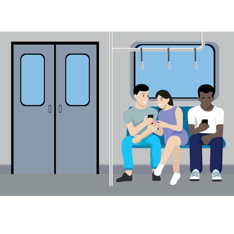 pessoas com telefones nas mãos no vagão do metrô, dois caras e uma garota, vetor plano, pessoas de diferentes nacionalidades