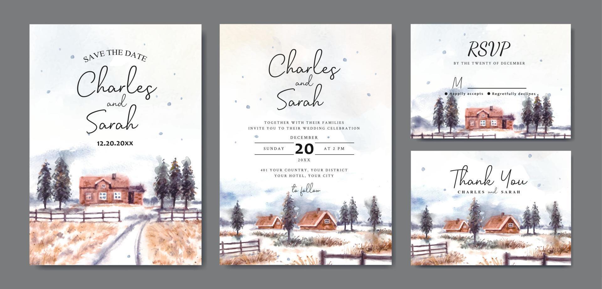 conjunto de convite de casamento em aquarela de paisagem de inverno com casa e pinheiros vetor