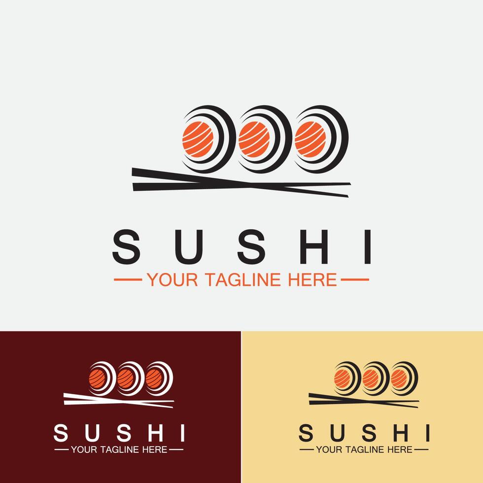 modelo de logotipo de sushi barra de ilustração de estilo de ícone vetorial ou loja, sushi, rolo de salmão, sushi e rolos com bar de pauzinhos ou modelo de logotipo de vetor de restaurante