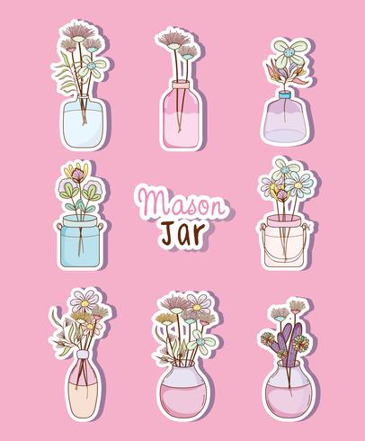 Conjunto de mason jar com desenhos de flores vetor