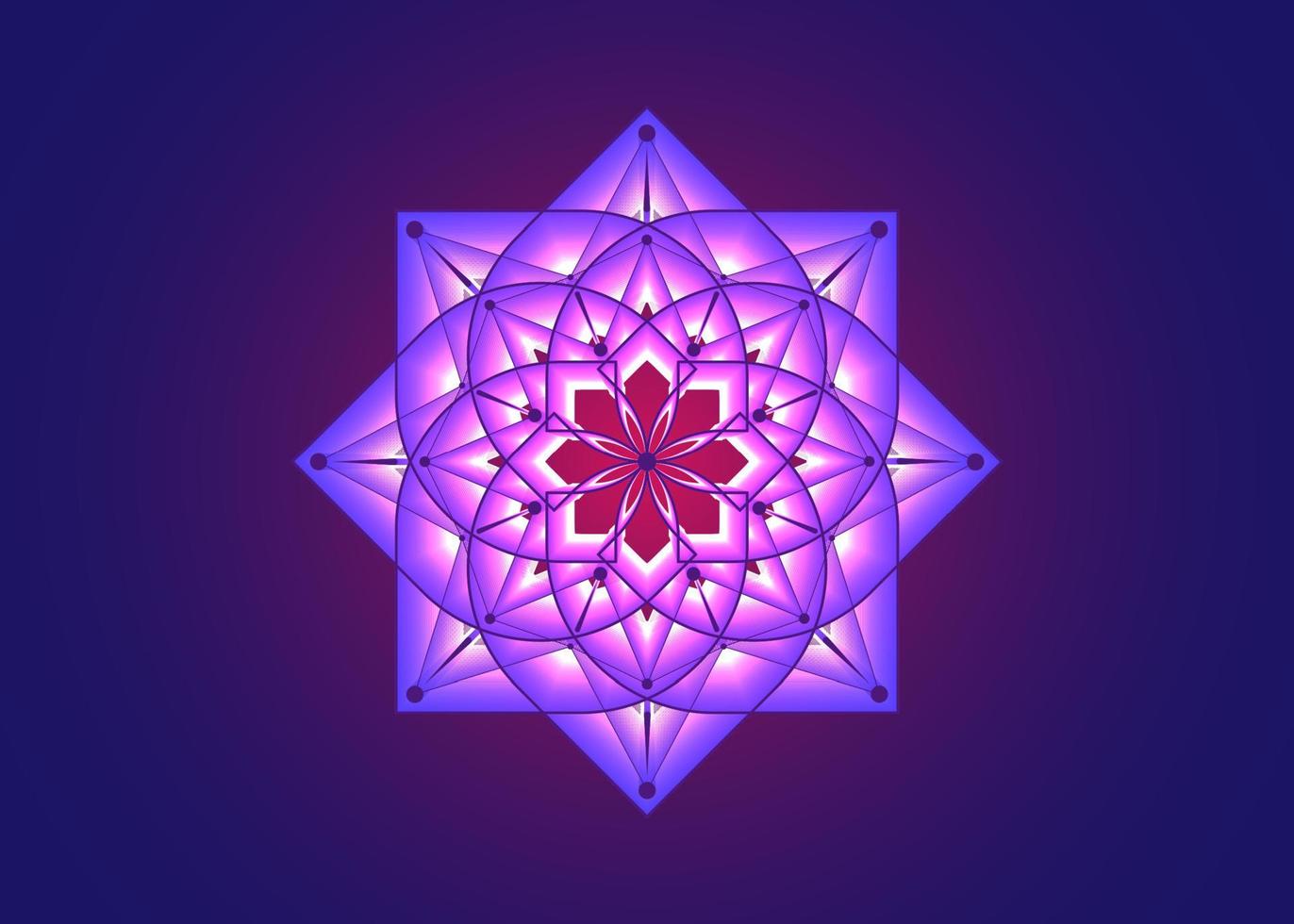 mandala de flor de lótus roxo, semente da geometria sagrada do símbolo da vida. mandala mística geométrica do ícone do logotipo da flor esotérica da alquimia. amuleto meditativo divino estilo neon luz vetorial isolado em azul vetor