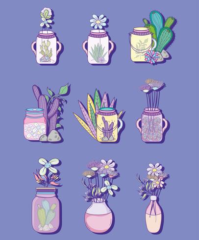 Conjunto de mason jar com desenhos de flores vetor