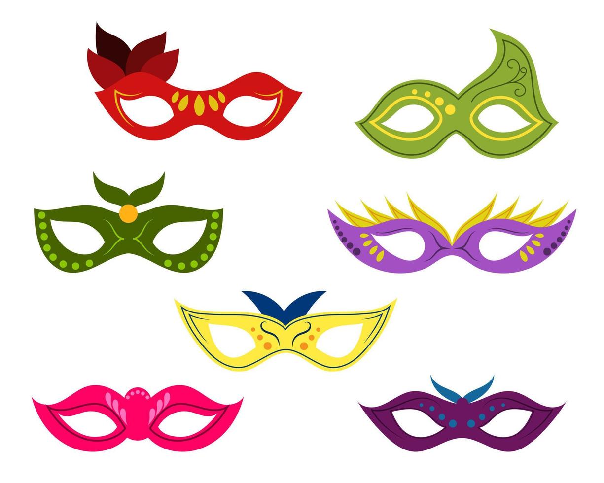 um conjunto de máscaras de baile de máscaras coloridas. vetor