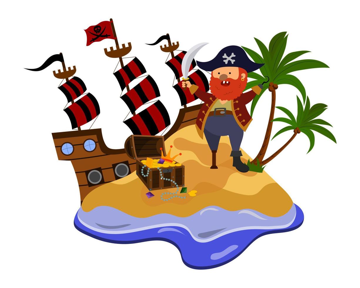 ilustração vetorial dos desenhos animados de um pirata em uma ilha encontrou um baú de tesouro, isolado em um fundo branco. vetor