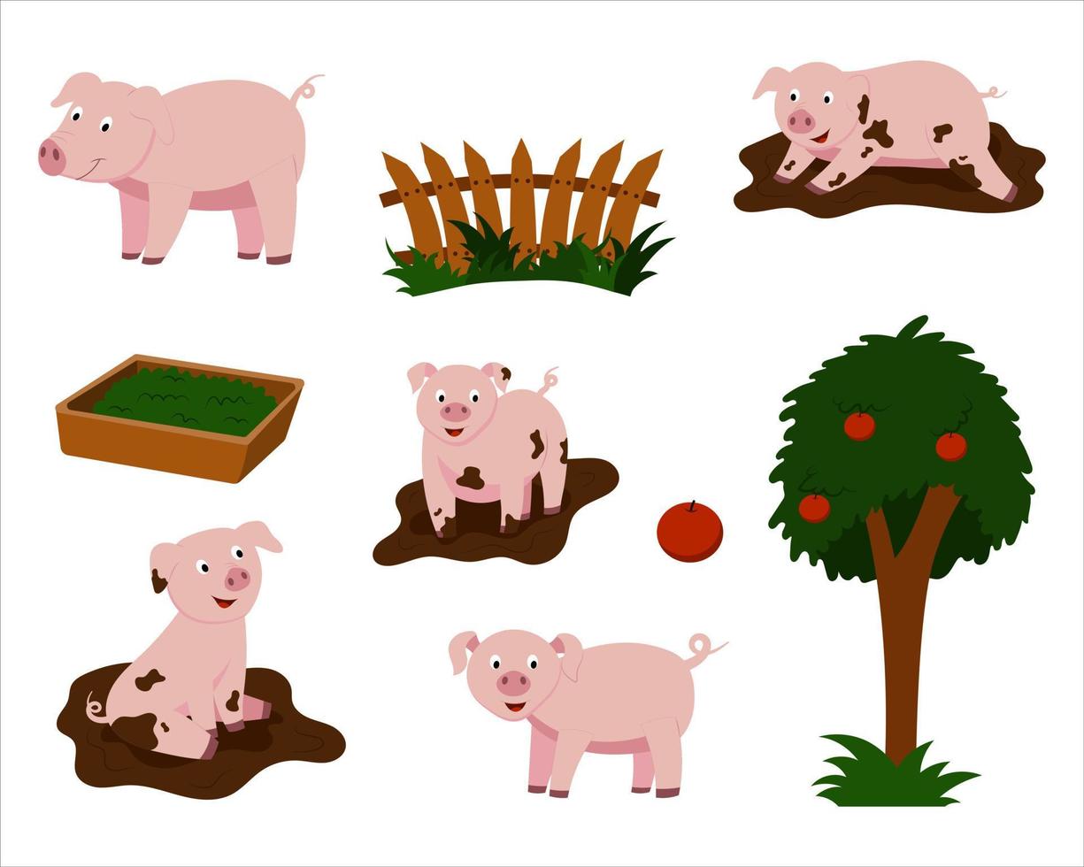 um conjunto de ilustrações vetoriais de porcos bonitos dos desenhos animados. vetor