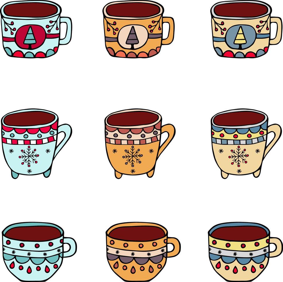 xícaras de chá e café esboçadas desenhadas à mão. copos de natal aconchegantes vetor