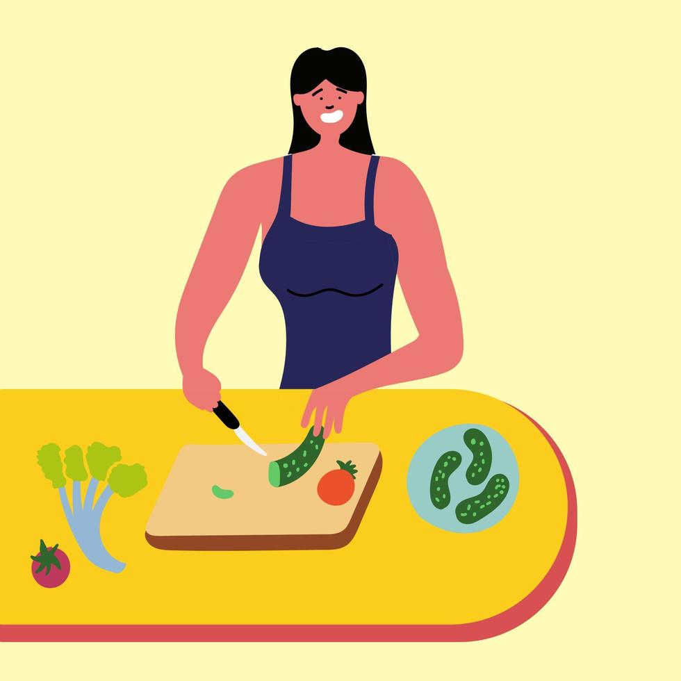 atleta de garota corta fatias de pepino para salada. salada deliciosa e saudável. comida saudável vetor