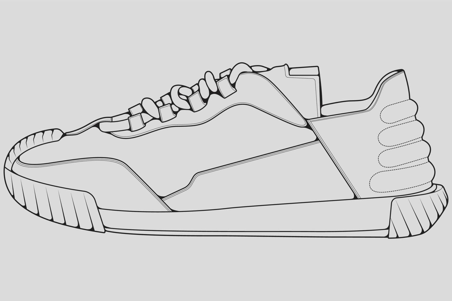 vetor de desenho de contorno de tênis de sapatos, tênis desenhado em um estilo de desenho, contorno de modelo de treinadores de tênis de linha preta, ilustração vetorial.