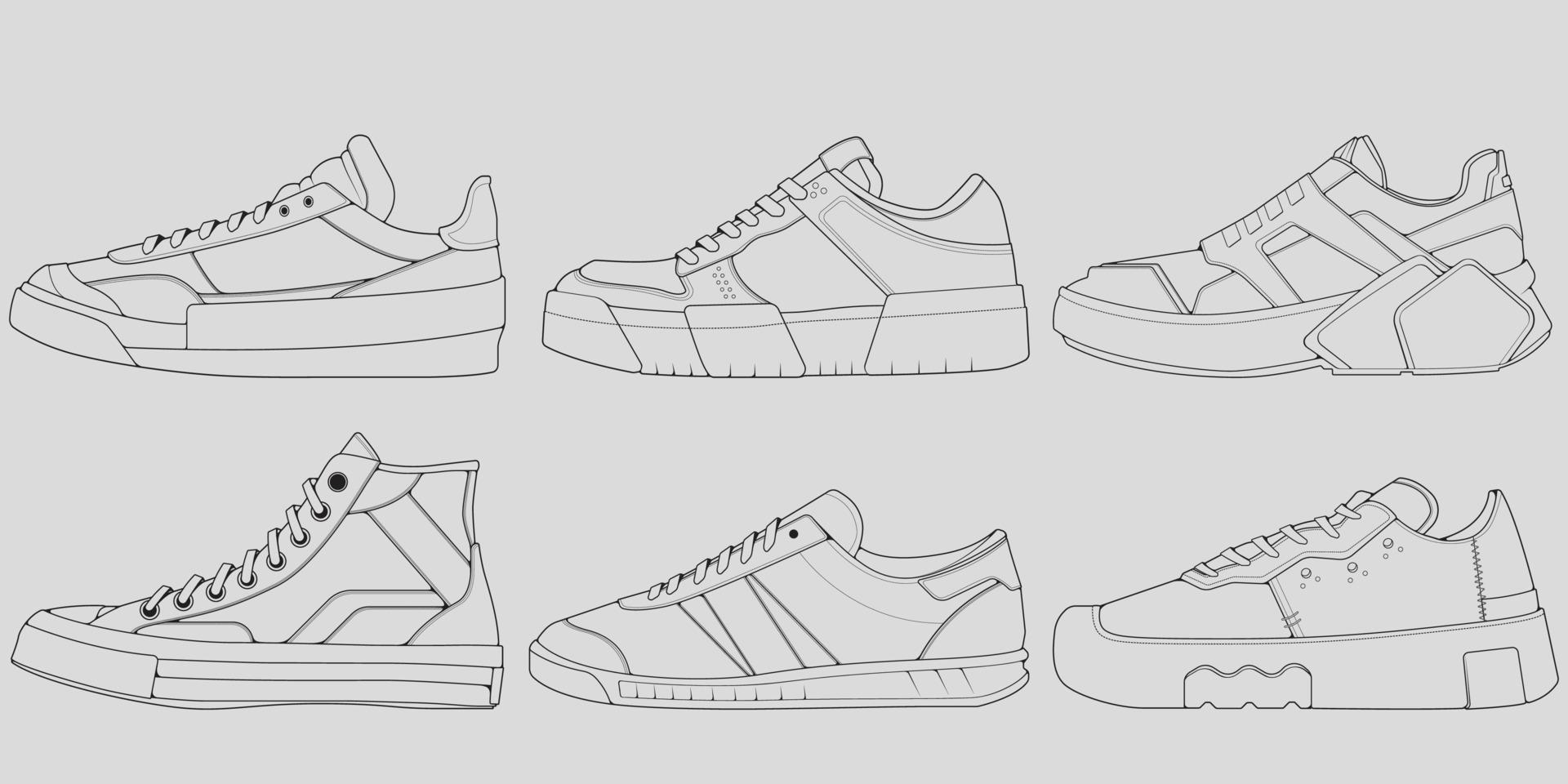 conjunto de tênis legal de contorno. vetor de desenho de contorno de tênis de sapatos, tênis desenhado em um estilo de desenho, contorno de modelo de tênis, coleção definida. ilustração vetorial.