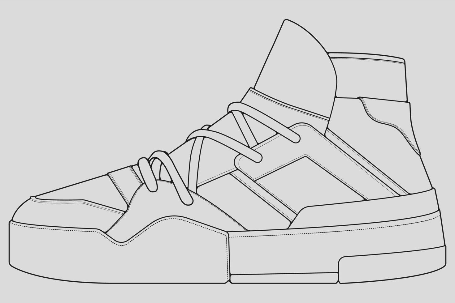 vetor de desenho de contorno de tênis de sapatos, tênis desenhado em um estilo de desenho, contorno de modelo de treinadores de tênis de linha preta, ilustração vetorial.