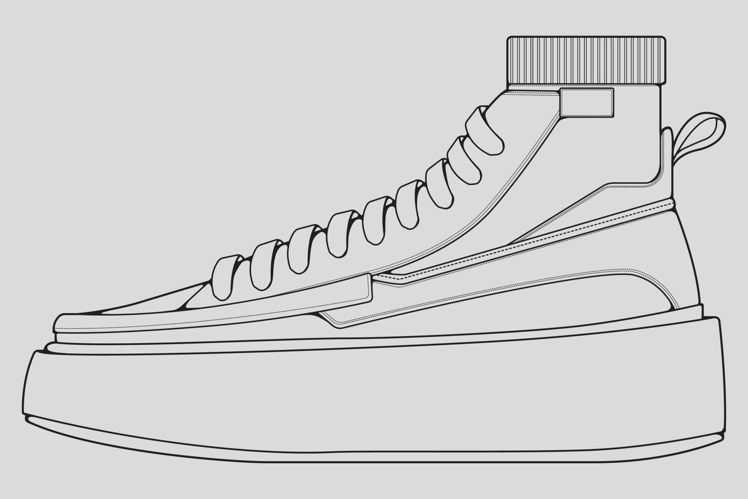 vetor de desenho de contorno de tênis de sapatos, tênis desenhado em um estilo de desenho, contorno de modelo de treinadores de tênis de linha preta, ilustração vetorial.