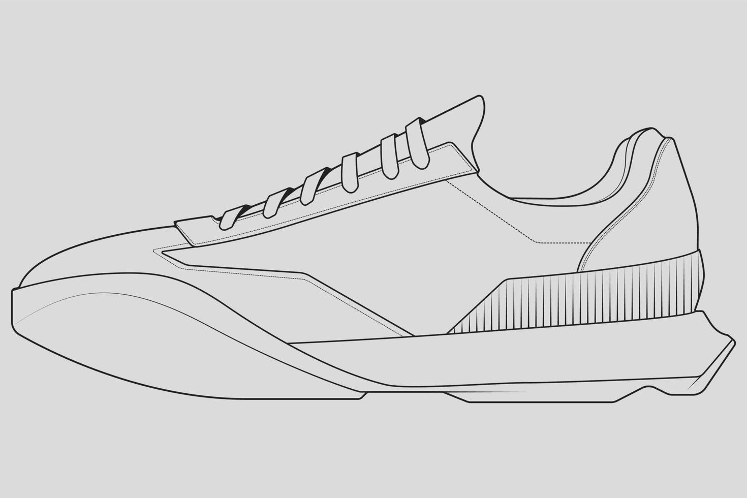 vetor de desenho de contorno de tênis de sapatos, tênis desenhado em um estilo de desenho, contorno de modelo de treinadores de tênis de linha preta, ilustração vetorial.