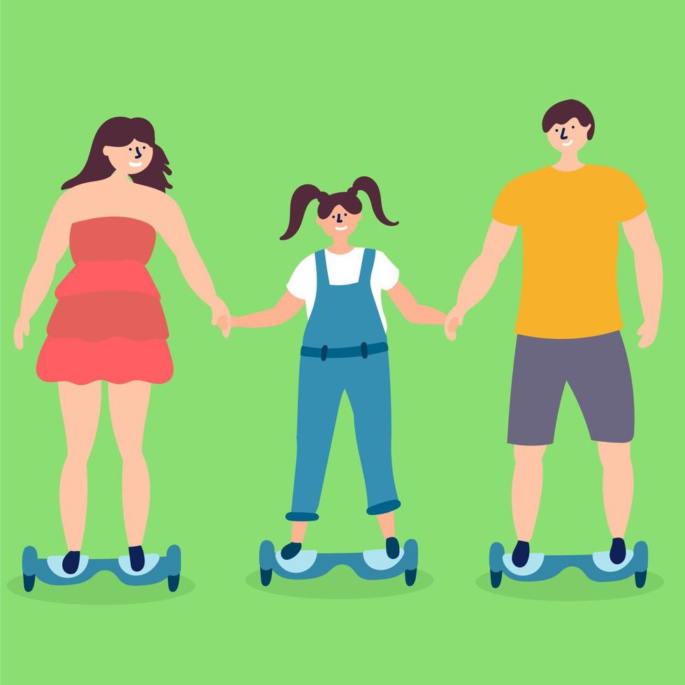 família com um passeio de criança em um hoverboard. transporte ecologicamente correto vetor