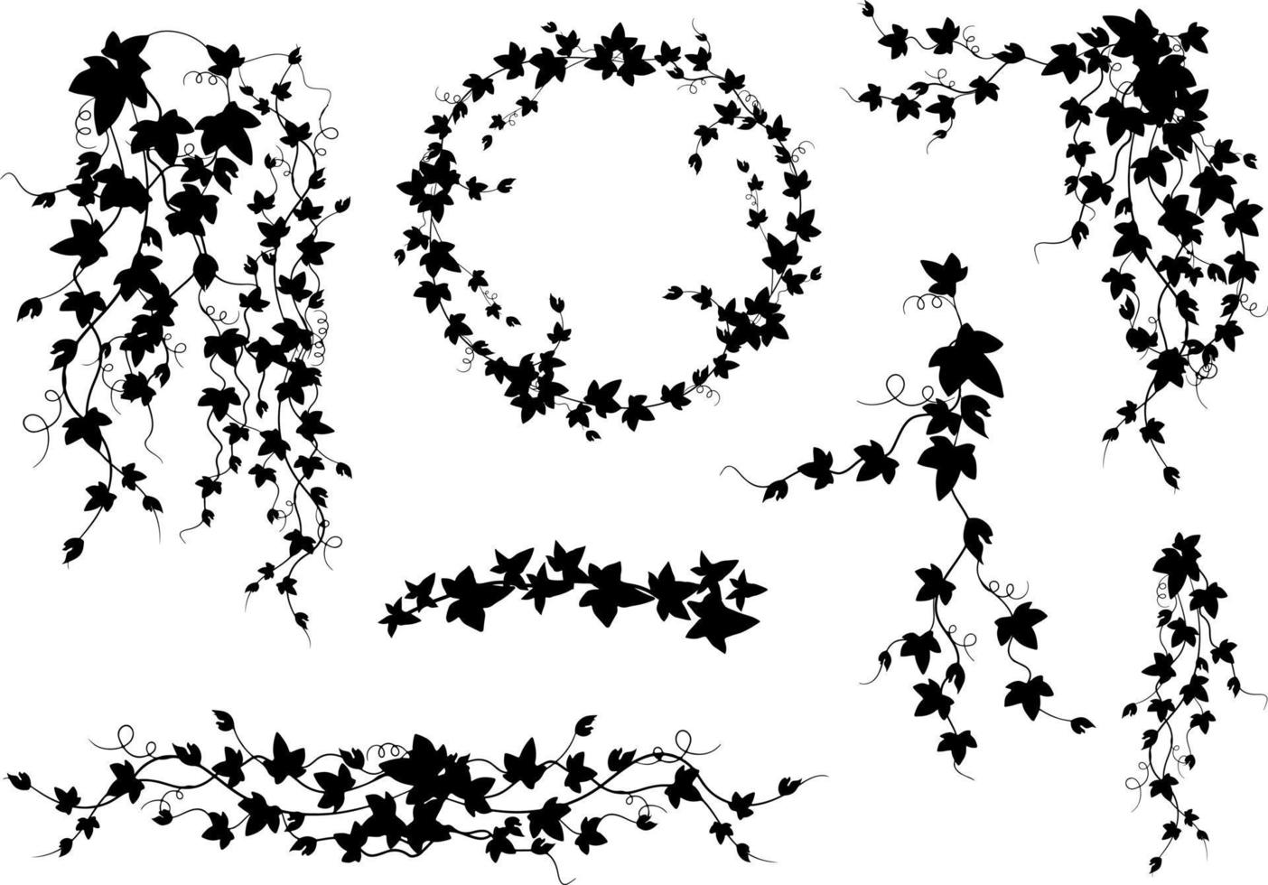 silhueta monocromática de folhas, galhos e flores. vetor