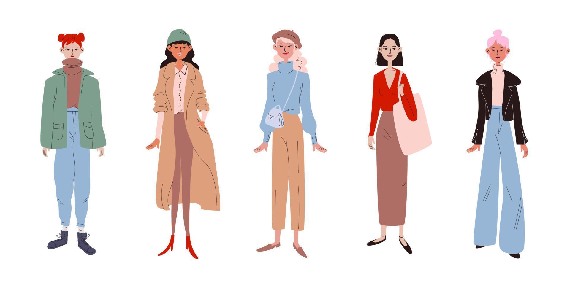 conjunto de meninas elegantes na moda vestidas com roupas casuais. coleção de roupas da moda com acessórios em um doodle plano. diversas mulheres bonitas estão em cores coloridas. ilustração vetorial de estoque vetor