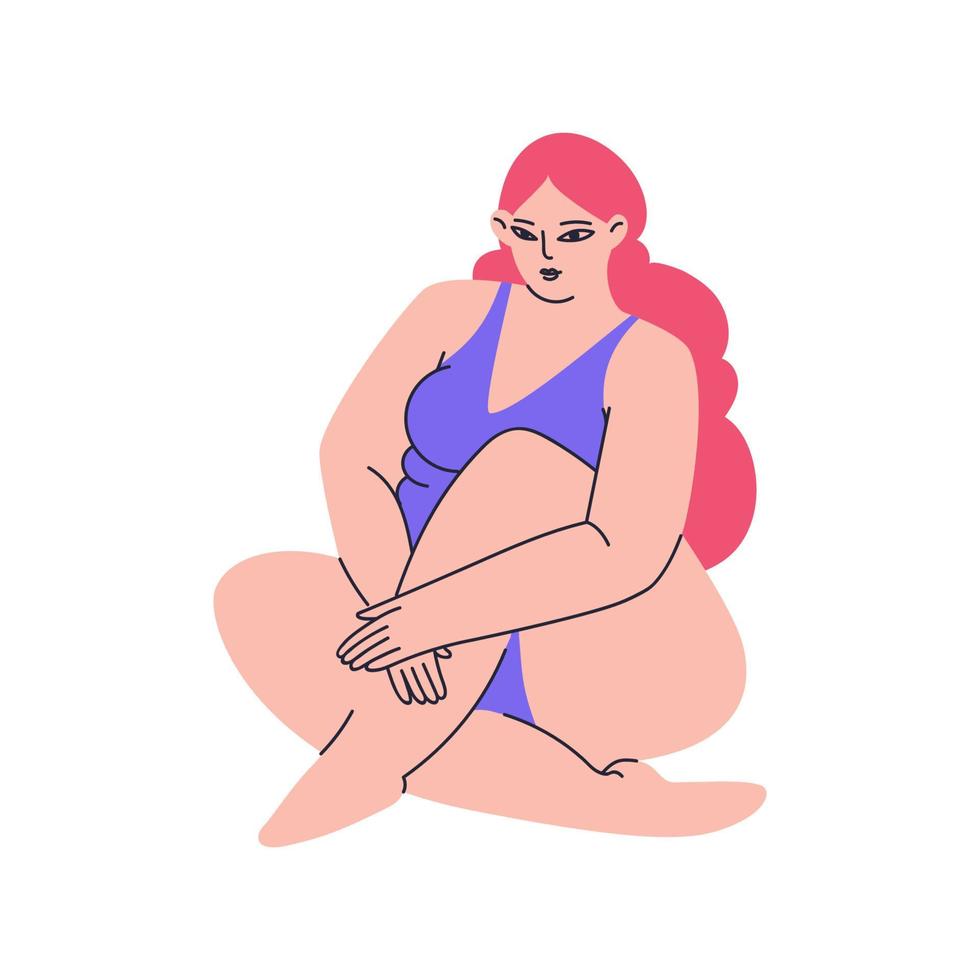 AME seu corpo. uma jovem plus size com longos cabelos cor-de-rosa está sentada com os joelhos pressionados contra o peito, as pernas entrelaçadas. uma garota em um maiô azul de uma peça. ilustração em vetor de estoque isolado.